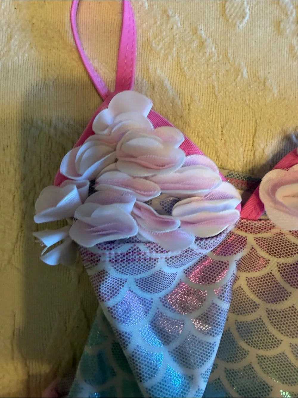 Girls' Mermaid Scale One-Piece Swimsuit with Pink Tutu and Flower Straps 18 mo